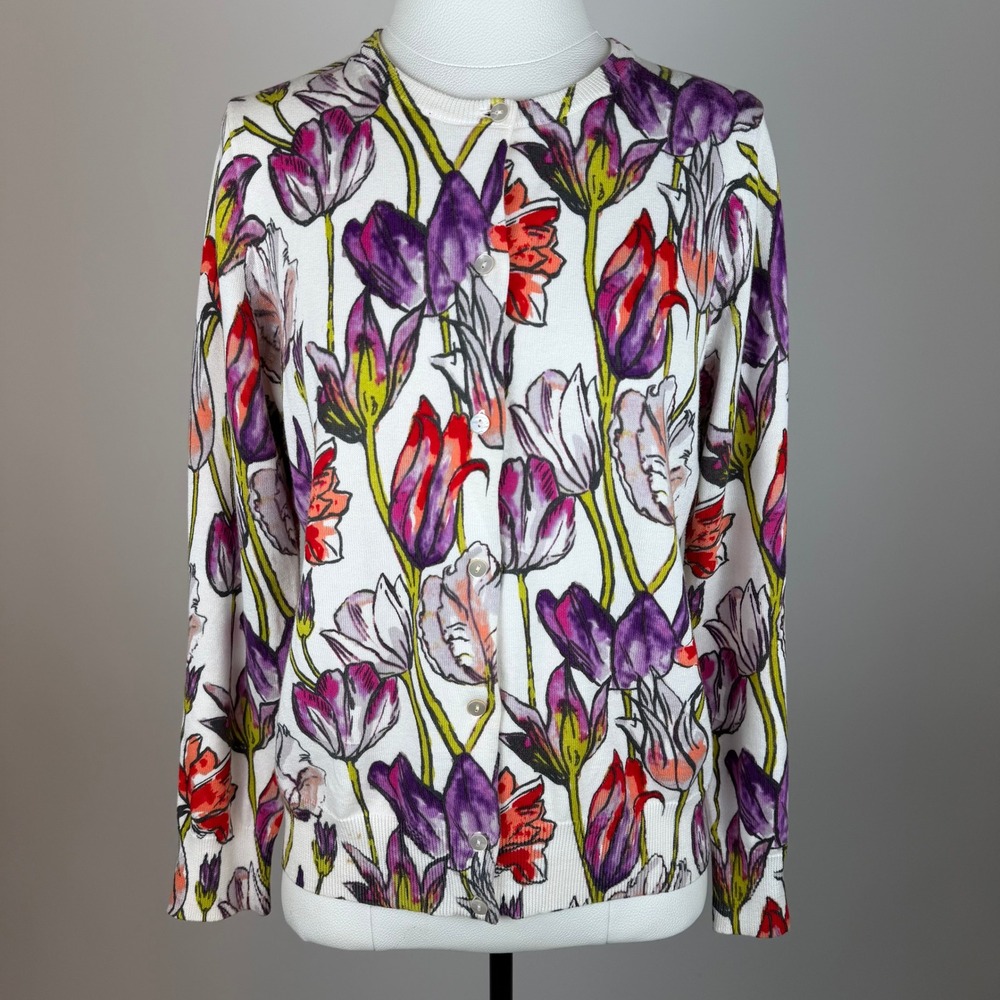Lands End Floral 100% Supima Cotton Cardigan Sweater Womens Petite Sz MP 10P-12P